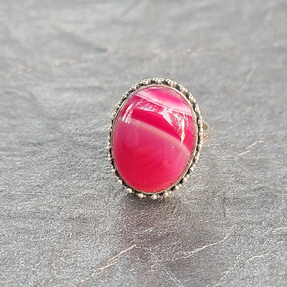 Pink Agate Ring Size 9  1/ 2 Sterling Silver-Chunky Ring